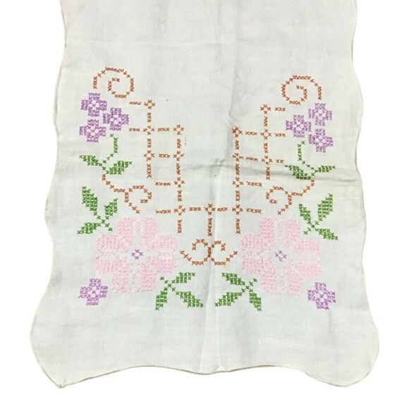 Vtg Dresser Scarf Victorian Cross Stitch Floral Vine Trellis Table Runner 35x12 - Picture 1 of 2